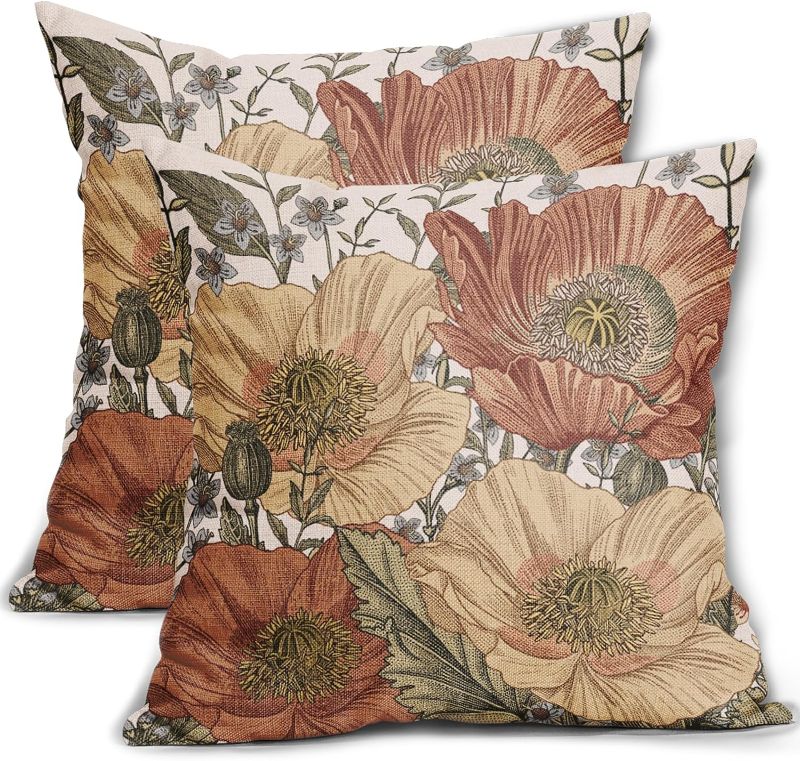 Photo 1 of Brown Rust Red Vintage Floral Pillow Covers 18x18 Rustic Flowers Botanical Print Decorative Throw Pillows Outdoor Country Decorations Pillow Cases for Couch Sofa Bed Decor Set of 2
