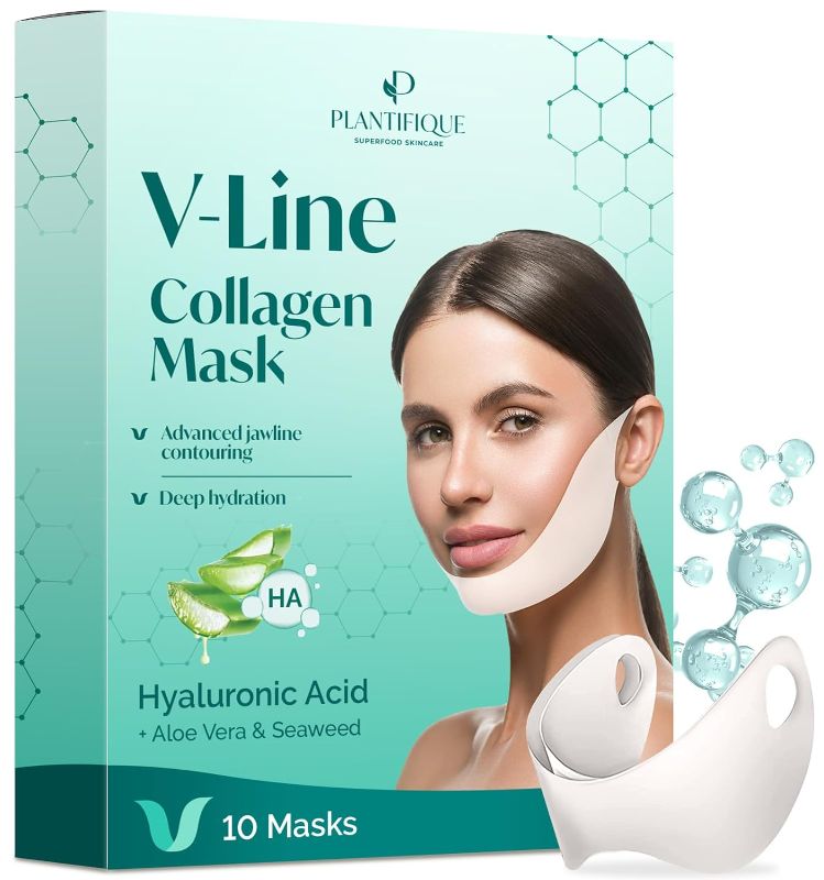 Photo 1 of 8/10 PLANTIFIQUE V-Line Collagen Mask for face 10 PCS Chin Strap for Women & Men, V Line Lifting Mask with Collagen and Hyaluronic Acid V Shape Face Tape Chin and Neck Mask for Skin Firming
