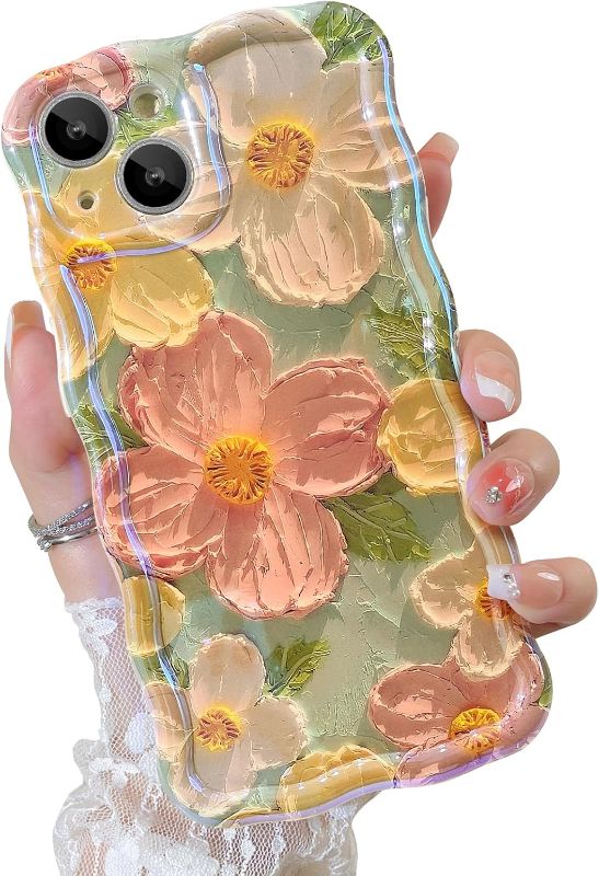 Photo 1 of OOK Oil Painting Phone Case for iPhone 15 Plus Laser Glossy Cute Oil Painting Flower Pattern Curly Waves Bumper Design Soft Protective Cover for Girls Women Pink#3
