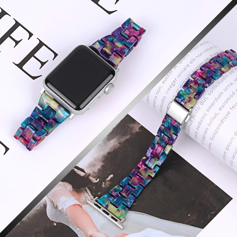 Photo 1 of BAND ONLY**NEW**Compatible with Apple Watch Bands 38mm 40mm 41mm 42MM(Series 10) Fashion Slim Resin Band For Apple Watch Series 10 9 8 7 6 5 4 3 2 1 SE (Purple Green Flower-Uniqe, 38MM 40MM 41MM)
