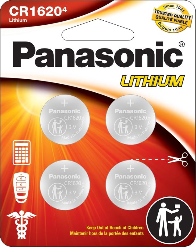 Photo 1 of 2PACK Panasonic CR1620 3.0 Volt Long Lasting Lithium Coin Cell Batteries in Child Resistant, Standards Based Packaging, 4-Battery Pack
