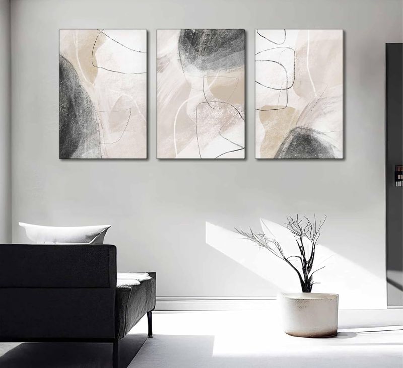 Photo 1 of LIGHT PINK**NEW**3Pcs Modern Abstract Canvas Wall Art Neutral Minimalist Boho Beige and Black Grey Geometric Line Nordic Picture Wall Decor Poster Print Artwork for Living Room Bedroom Office Home Decoration
