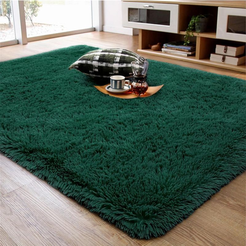 Photo 1 of Ompaa Dark Green Rug 4x6 Fluffy Emerald Area Rugs for Bedroom Living Room Carpet, Non-Slip High Pile, Modern Fuzzy Shaggy Deep Grass Green Rug for Classroom Kids Playroom Nursery Home Office Decor
