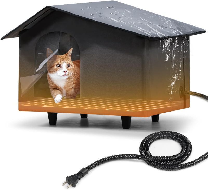 Photo 1 of Heated Cat House for Outdoor Cats in Winter, Weatherproof Insulated Outdoor Cat House with Waterproof Heating Pad, Elevated Cat Shelter for 2-3 Feral Cats Kitty Puppy, Chew-Resistant Cord
