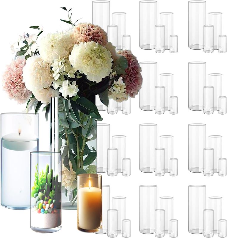 Photo 1 of 48 Pack Clear Glass Cylinder Vases for Centerpieces - Different Sizes Floating Candle Vases Holder -4", 6", 8",10" Hight Perfect for Weddings and Events
