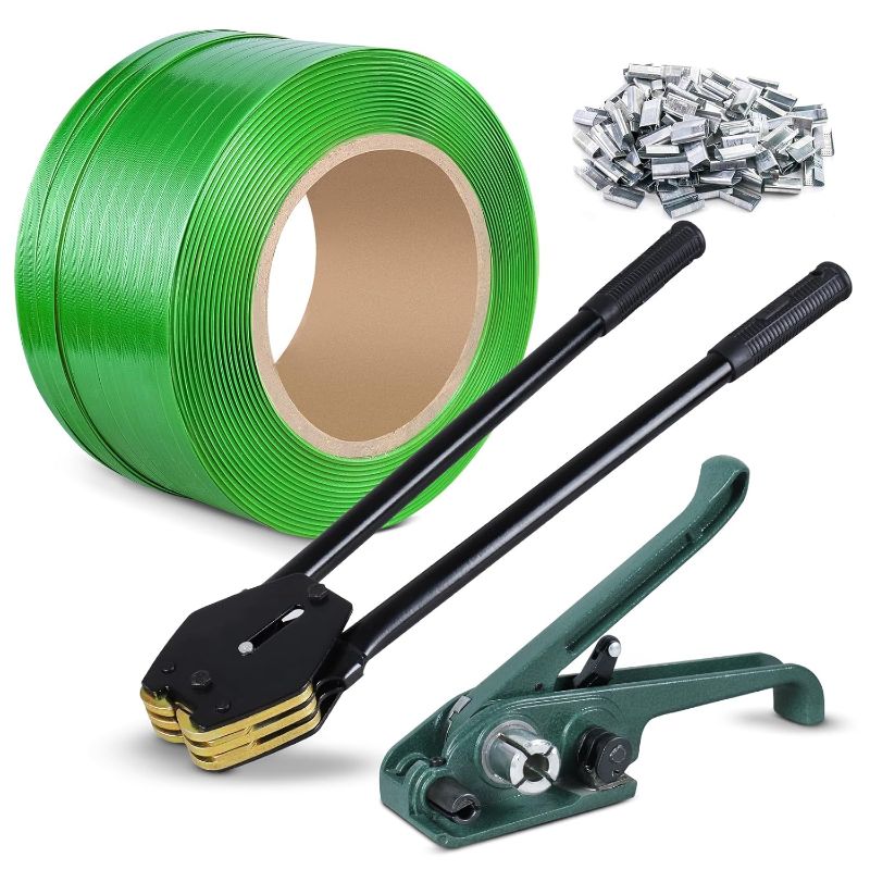 Photo 1 of Banding Strapping Kit, Packaging Strapping Kit with Strapping Tensioner Tool Banding Sealer Tool 250 Metal Seals 1000 ft Heavy Duty Polyester PET Packing Strapping Banding Roll
