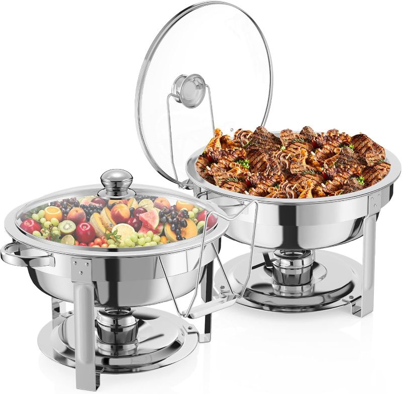 Photo 1 of 2 Packs Chafing Dish Buffet Set,8QT Round Glass Cover Stainless Steel Buffet Servers and Warmers, Thick Stand Frame Catering Chafe with Mirror Covers,Food Warmer for Party, Weddings,Picnic
