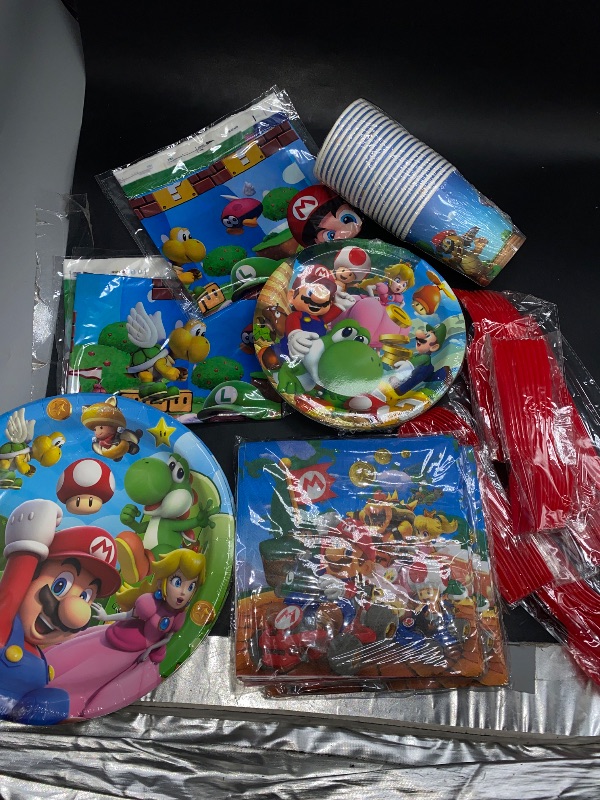 Photo 2 of NEW** 81Pcs Mario Party Supplies Super Bros Tableware Set Includes Mario Party Plates Napkins Cups Fork Tablecloth
