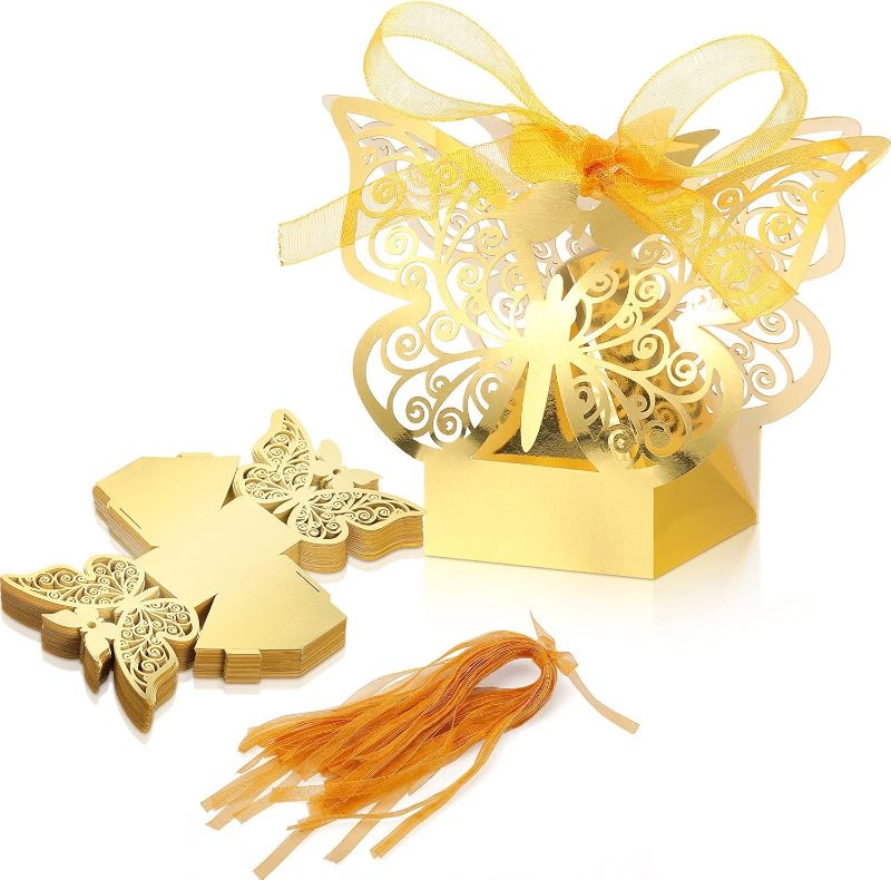 Photo 1 of 60 Pieces Butterfly Laser Cut Favor Boxes Cookie Present Boxes with Ribbons Cute Chocolate Box for Wedding Girl Bridal Birthday Party Baby Shower Favors Decoration Supplies (Gold)
