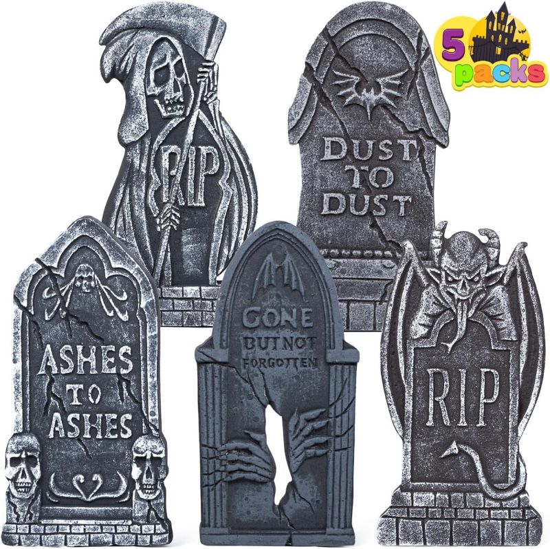 Photo 1 of JOYIN 17” Halloween Tombstones for Graves Halloween Decorations Outdoor (5 Pack), Foam RIP Graveyard Headstone Decorations and 10 Bonus Metal Stakes for Halloween Yard Lawn Decorations
