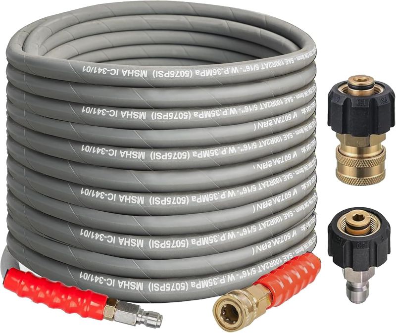 Photo 1 of Hourleey Pressure Washer Hose, 50FT Kink Resistant High Tensile Wire Power Washer Hose, Hot/Cold Water Rubber Wire Braided with 3/8" Quick Connect, 4000 PSI, Gray
