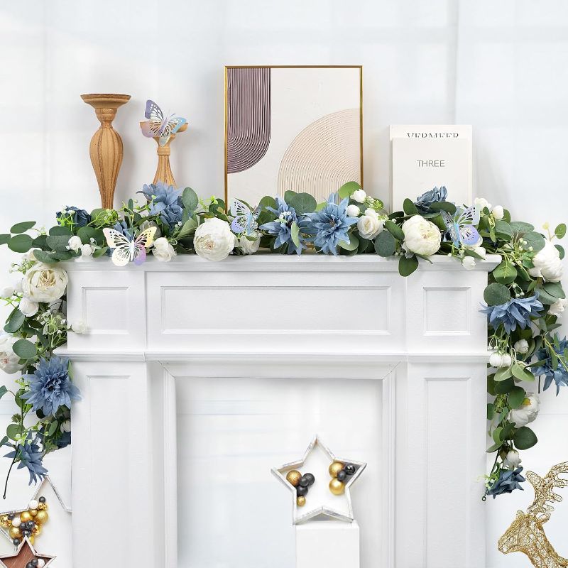 Photo 1 of Eucalyptus Garland with Flowers - 2 Pack 5.9 FT Artificial Flower Garland with Butterflies Faux Rose Greenery Garlands for Backdrop Wedding Arch Centerpieces Decorations - Dusty Blue & White
