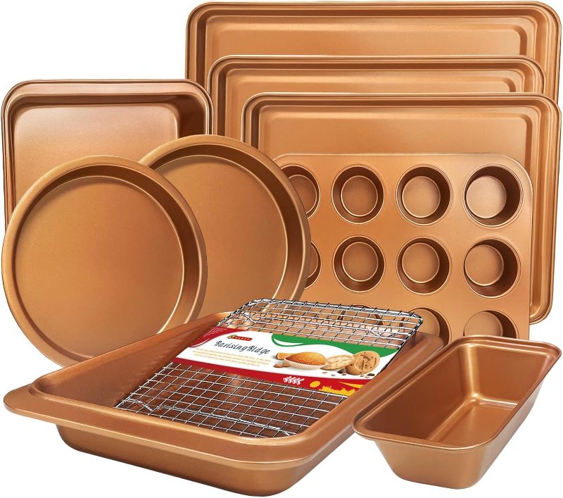 Photo 1 of 6/10 ROSE GOLD**NEW*Baking Pans Set with Nonstick Coating, Professional 10 Pcs Including Cake Pans, Cookie Sheets, Roasting Pan, and Cooling Rack - 0.8mm Thick, Dishwasher Safe, and Heavy Duty
