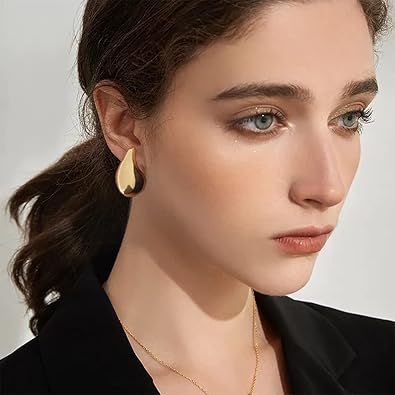 Photo 1 of Chunky Gold Hoop Earrings for Women, Lightweight Teardrop Hoops Earrings with 18K Real Gold Plated, Hypoallergenic Earrings Waterdrop Hollow Open Jewelry for Women
