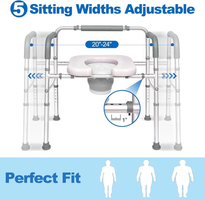 Photo 2 of 3 in 1 Commode Chair for Toilet with Arms, 500 lbs Bedside Commode Chair for Toilet with Bucket 4.4Qt, Width Adjustable Bedside Commode for Seniors, 21”-25“ Extra Large Width
