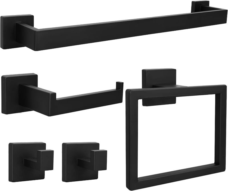 Photo 1 of 5pcs Bathroom Hardware Set, 24in Towel Bar Set, Including Square Towel Bar Square Towel Ring Toilet Paper Holder Towel Hooks, Set SUS304 Stainless Steel, Wall Mounted (5pcs, 24in, Black)
