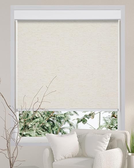 Photo 1 of NEW**NEW**Persilux Free-Stop Cordless 100% Blackout Roller Shades for Indoor Windows, Natural Woven Fabric UV Protection Privacy Thermal Insulated Roller Window Shades for Home, Bedroom, Cream 34.5" W x 72" H
