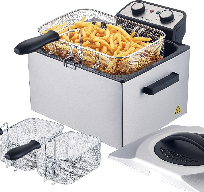 Photo 1 of Electric Deep Fryer with Basket for Home Use, Lid with Viewing Window and Odorless Filter, Adjustable Temperature, 5.3 Quart, Stainless Steel
