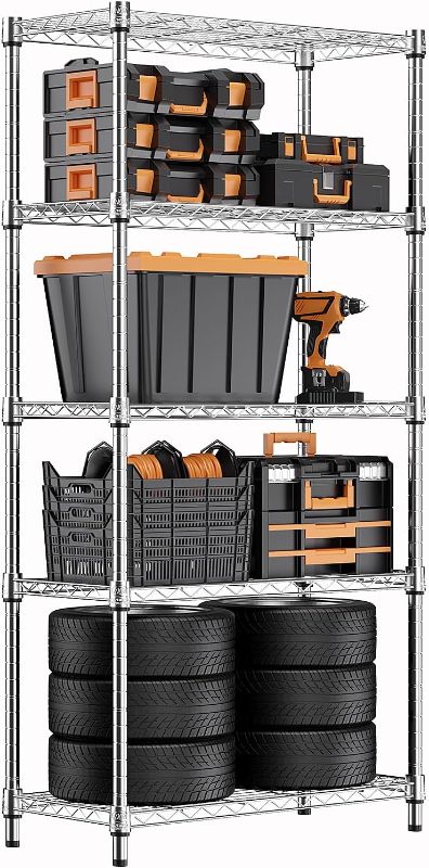 Photo 1 of NEW**MZG 1250 lbs Steel Heavy Duty 5-Tier Utility Shelving Unit Steel Organizer Wire Rack for Home,Kitchen,Office,Chrome (13.7" D x 23.6" W x 62.4" H)
