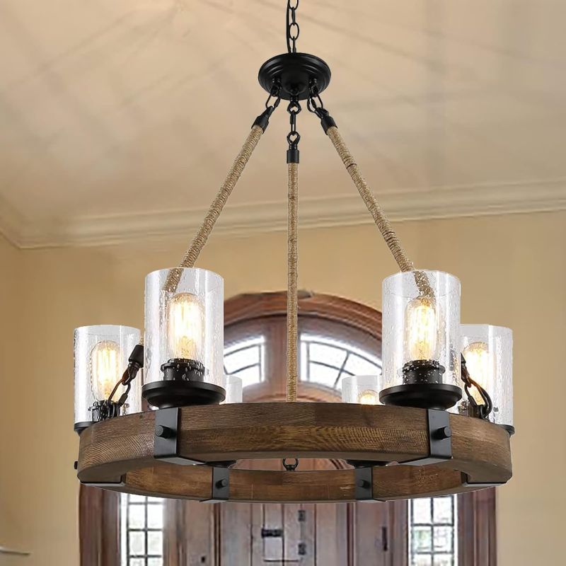 Photo 1 of BRAND NEW**Rustic 6 Light Wagon Wheel Chandelier, Round Wood Pendant Light with Seeded Glass Shade, Farmhouse Chandeliers for Dining Room Kitchen Island Foyer Entryway
