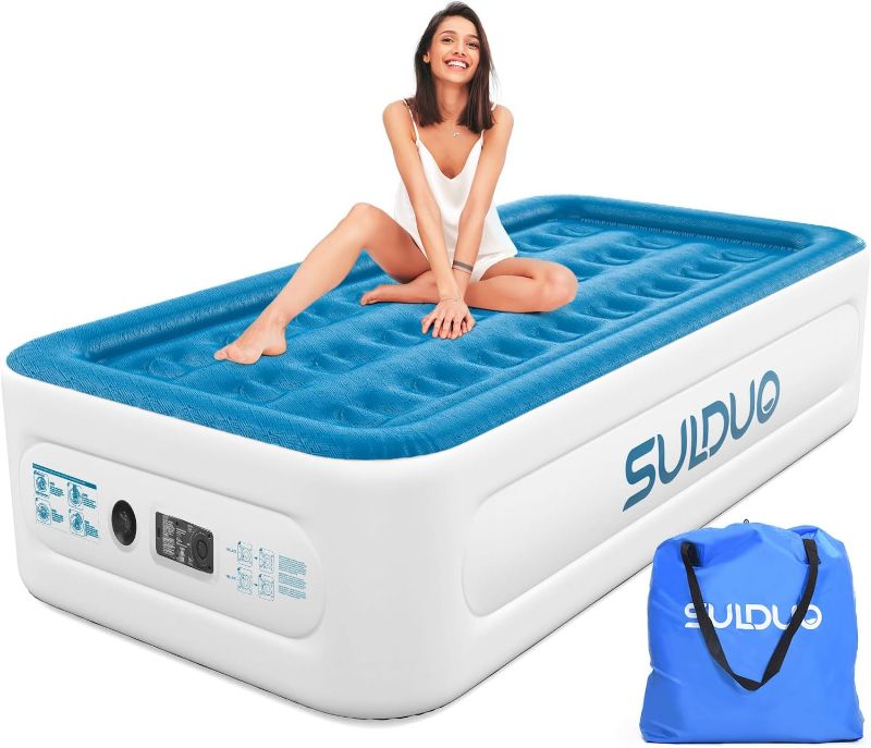 Photo 1 of NEW**Twin Air Mattress with Built in Pump Raised Bed, 18'' High Single Blow Up Mattress, Durable Self Inflating Air Bed with Flocked Top and Carry Bag, Portable Airbed for Camping Guest Home, Blue
