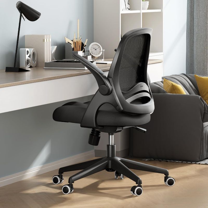 Photo 1 of Hbada Office Chair, Desk Chair with Flip-Up Armrests and Saddle Cushion, Ergonomic Office Chair with S-Shaped Backrest, Swivel, Mesh, for Home and Office, Black
