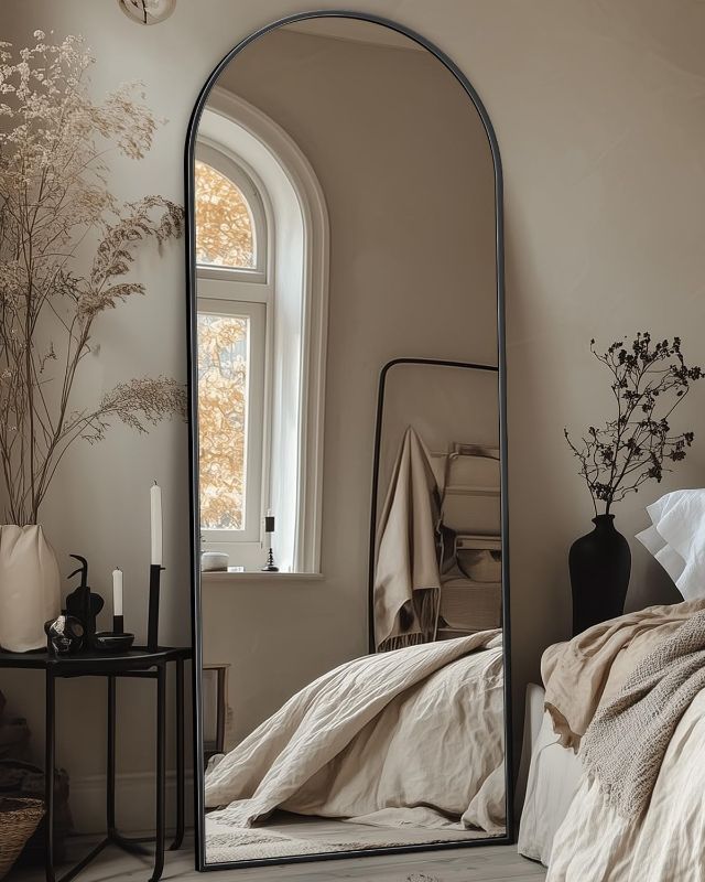 Photo 1 of Full Length Mirror,Arched Full Body Mirror,Floor Mirror with Stand,Body Mirror Standing Hanging Leaning Against Wall,Aluminum Frame Large Mirror for Bedroom Cloakroom,Living Room,Black
