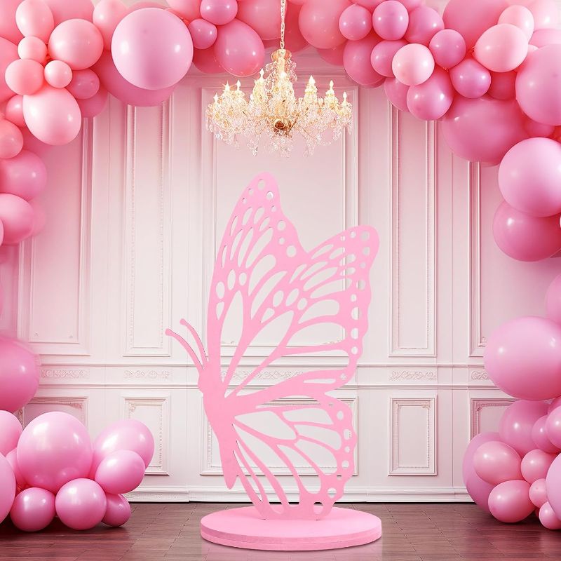 Photo 1 of 3ft Wood Butterfly Prop Large Butterfly Wings Cutout Wood Standing Butterfly Backdrop Princess Butterfly Prop Decoration for Baby Shower Birthday Butterfly Party(Pink)
