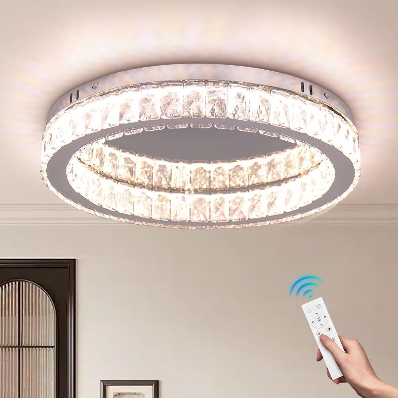 Photo 1 of Fintonglan 17.7" Dimmable Crystal LED Ceiling Light Fixtures Modern Round Chandelier Ceiling Lights Fixtures Low Profile Ceiling Lamp with Remote Control for Living Room Dining Room Kitchen 48W
