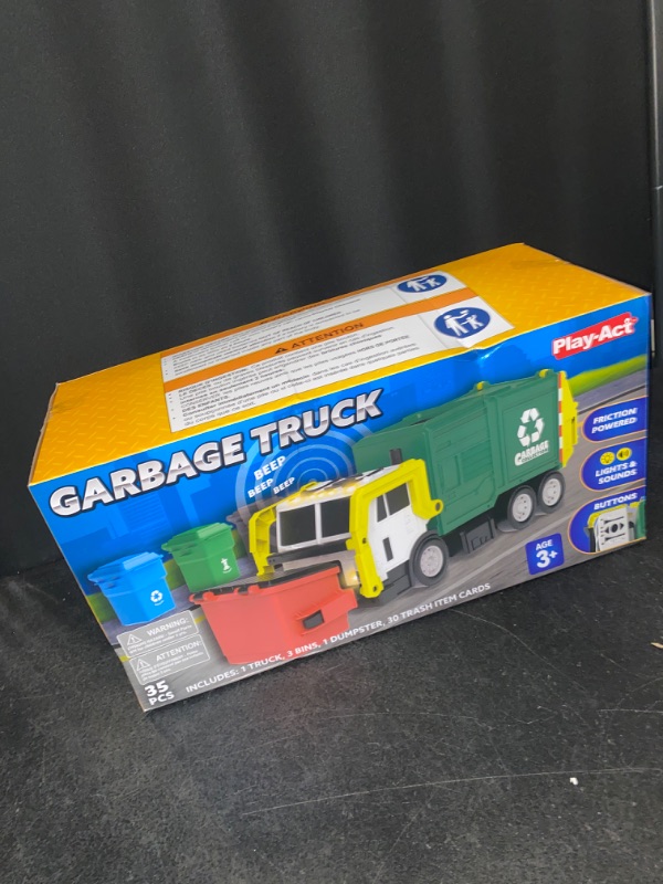 Photo 3 of JOYIN Large Friction Powered Garbage Truck Toy Set, Includes Dumpster, Trash Bins, and Learning Cards for Kids
