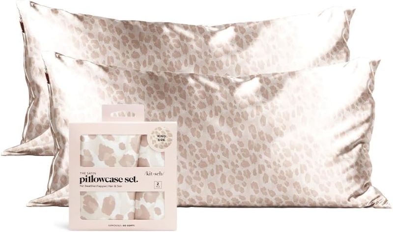 Photo 1 of Kitsch Satin Pillowcase with Zipper for Hair and Skin, Softer Than Silk Pillow Cases, 2 Pack Cooling Pillow Covers, Machine Washable, Wrinkle-Free Satin King Size Pillow Cases Set of 2 19"x36" Leopard
