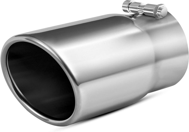 Photo 1 of AUTOSAVER88 2.5 Inch Inlet Exhaust Tip, 2.5" Inlet 3" Outlet 6" Overall Length Chrome Polished Stainless Exhaust Pipe Tip for 2.5" Outer Diameter Tailpipe, Rolled Angle Cut, Bolt/Clamp-On, Universal
