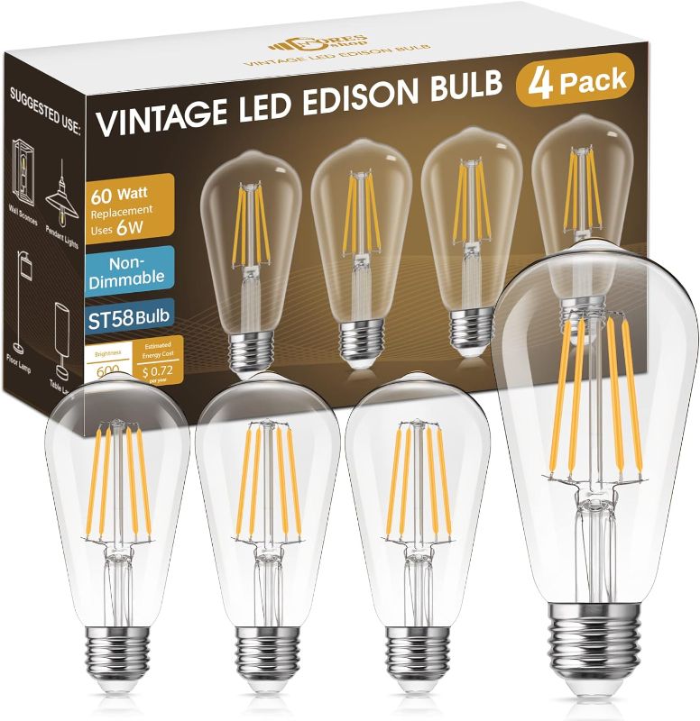 Photo 1 of DORESshop Vintage LED Edison Bulbs,Non-Dimmable, 6W Warm Light Bulbs 60 Watt Equivalent,2700K Warm White, ST58 Antique LED Filament Bulbs,E26 Medium Base,Clear Glass,4 Pack
