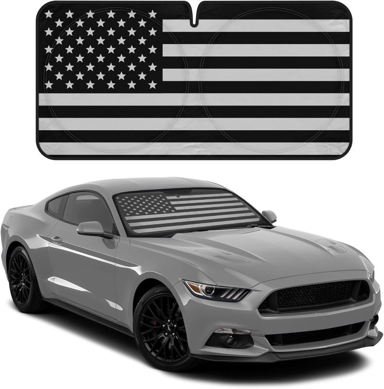 Photo 1 of 
Motor Trend USA Black American Flag Car Windshield Sun Shade for Car Window, Foldable Car Sun Shade with Patriotic Graphic, Collapsible Sun Visor Sunshade for Car Windshield (Medium)

