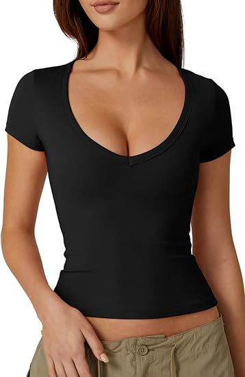 Photo 1 of MEDIUM QINSEN Women's Sexy Deep V Neck T Shirts Double Lined Short Sleeve Crop Tops Casual Basic Going Out Top
