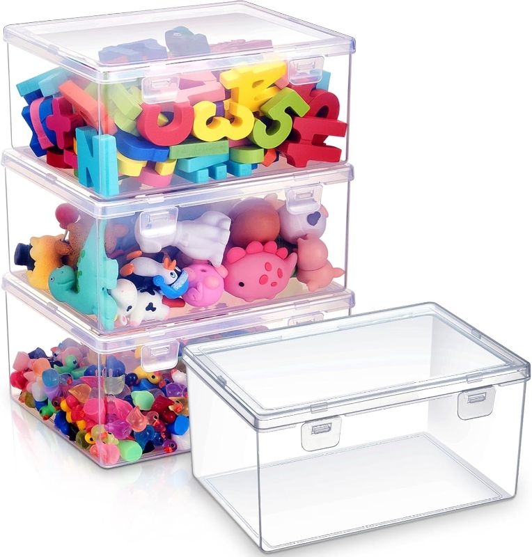 Photo 1 of 4 Pcs 7.09 x 5.2 x 3.43 Inch Clear Plastic Playroom and Gaming Storage Organizer Box Containers Stackable Storage Bins with Lids for Shelves or Cubbies, Holds Puzzles Building Blocks
