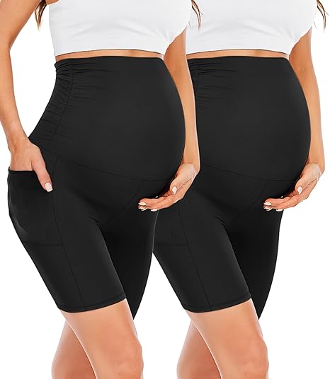 Photo 1 of LARGE Happy.angel 2 Pack Maternity Shorts Over Belly, Black High Waisted 8" Pregnancy Workout Biker Shorts with Pockets USED**
