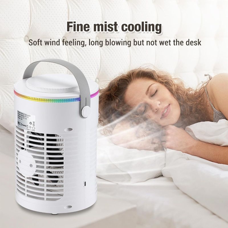 Photo 2 of Portable Air Conditioners Fan, 3 Speeds Rechargeable Evaporative Personal Air Cooler With 5000 mAh Battery &2-8H Timer, 7 Colors LED Light Mini Cooling Fan for Room, Office, Car(White)