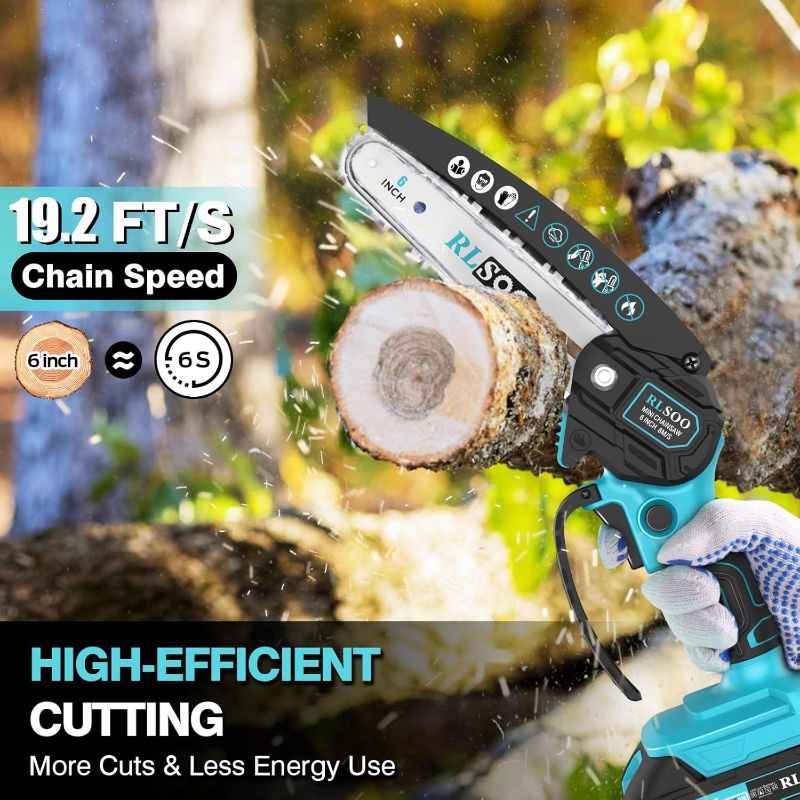 Photo 2 of Mini Chainsaw, 6-Inch Cordless Electric Chainsaw, 2024 Upgraded Portable Handheld Chainsaw for Wood Cutting, Tree Trimming, Yard, Home, and Garden (Includes 2 Batteries and 3 Chains)