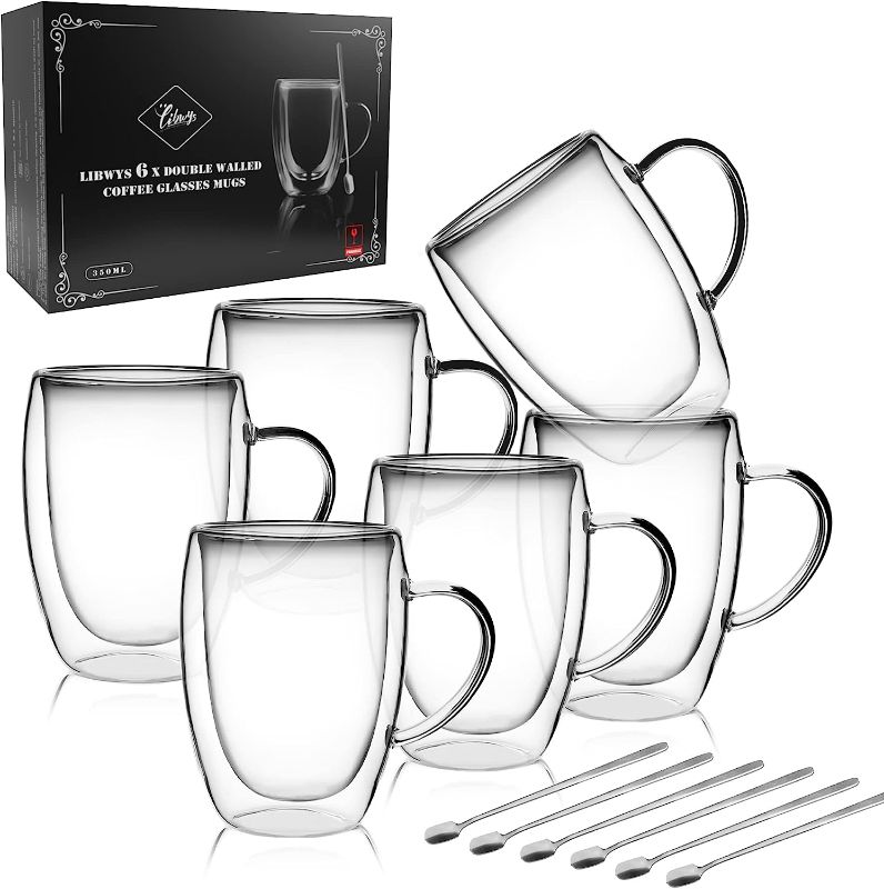 Photo 1 of LIBWYS 6 Pack Double Walled Coffee Cups Glasses Mugs, 12oz Espresso Cappuccino Latte Tea Cups with Handle, Heat Resistant Borosilicate Clear Glasses 350ml