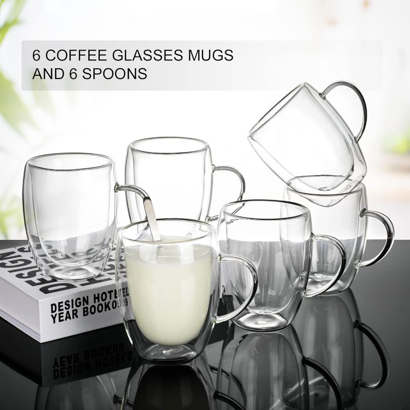 Photo 2 of LIBWYS 6 Pack Double Walled Coffee Cups Glasses Mugs, 12oz Espresso Cappuccino Latte Tea Cups with Handle, Heat Resistant Borosilicate Clear Glasses 350ml