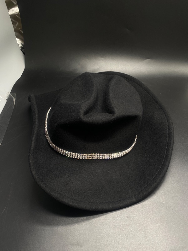 Photo 3 of Unisex Western Felt Cowboy Hats - Classic Roll Up Brown Cowgirl Wide Brim Fedoras Hat with Shiny Rhinestones Band
