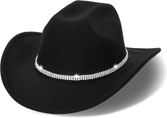 Photo 1 of Unisex Western Felt Cowboy Hats - Classic Roll Up Brown Cowgirl Wide Brim Fedoras Hat with Shiny Rhinestones Band
