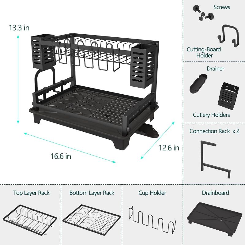 Photo 2 of B-Land Dish Drying Rack, 2 Tier Dish Racks for Kitchen Counter, Large Dish Drying Rack with Drainboard & Utensil Holders, Rust-Proof Dish Drainers,Kitchen Organization