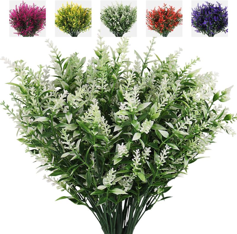 Photo 1 of RECUTMS Artificial Plants Lavender, 8 Bundles Outdoor UV Resistant Greenery Faux Shrubs Simulation Plants Indoor Outside Hanging Planter Home Garden Decor (White)