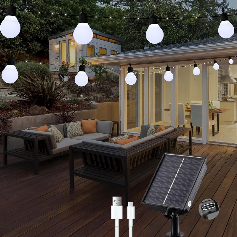 Photo 1 of Solar String Lights Outdoor with 20 G40 Bulbs Waterproof 33 Feet 100 LED Solar Powered Lights with USB Port 8 Light Modes Solar String Lights for Outside Garden Backyard Party Decor Solar Patio Lights