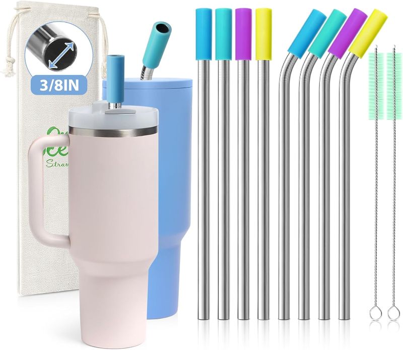 Photo 1 of 8 Piece 3/8 inch (10mm) Stainless Steel Straws for Travel 40oz Tumblers, 12 Inch Long Reusable Metal Drinking Straws, Replacement Straws with Silicone Tips & Cleaning Brush, Silver