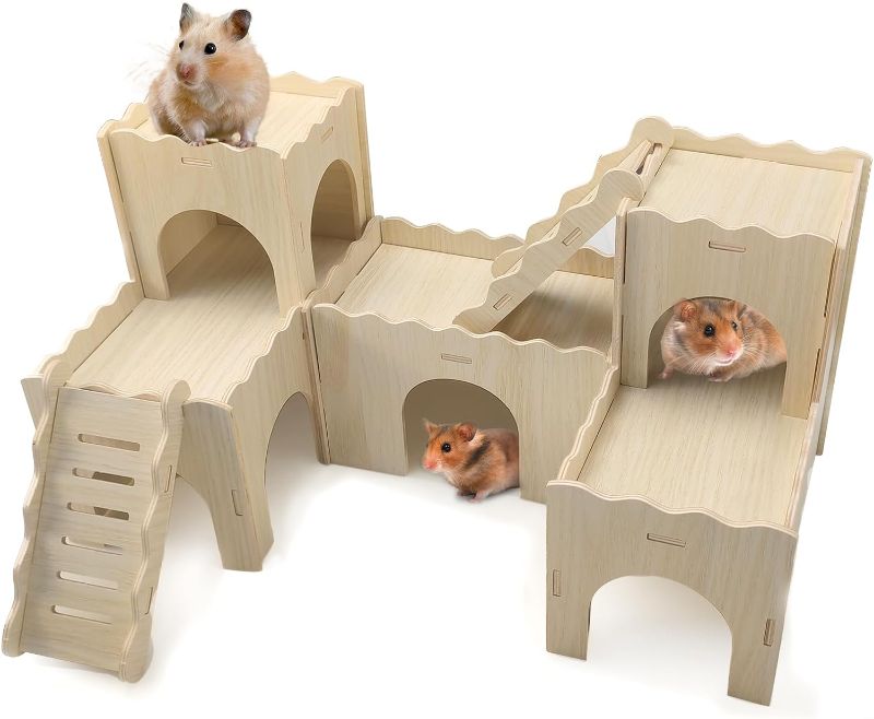 Photo 1 of Guinea Pig Hideout and Hammock,Wooden Foldable Piggies Hideout with Platform and Stairs for Guinea Pig,Rat,Chinchilla,Hamster,Bunny and Ferret Hiding Sleeping Activities