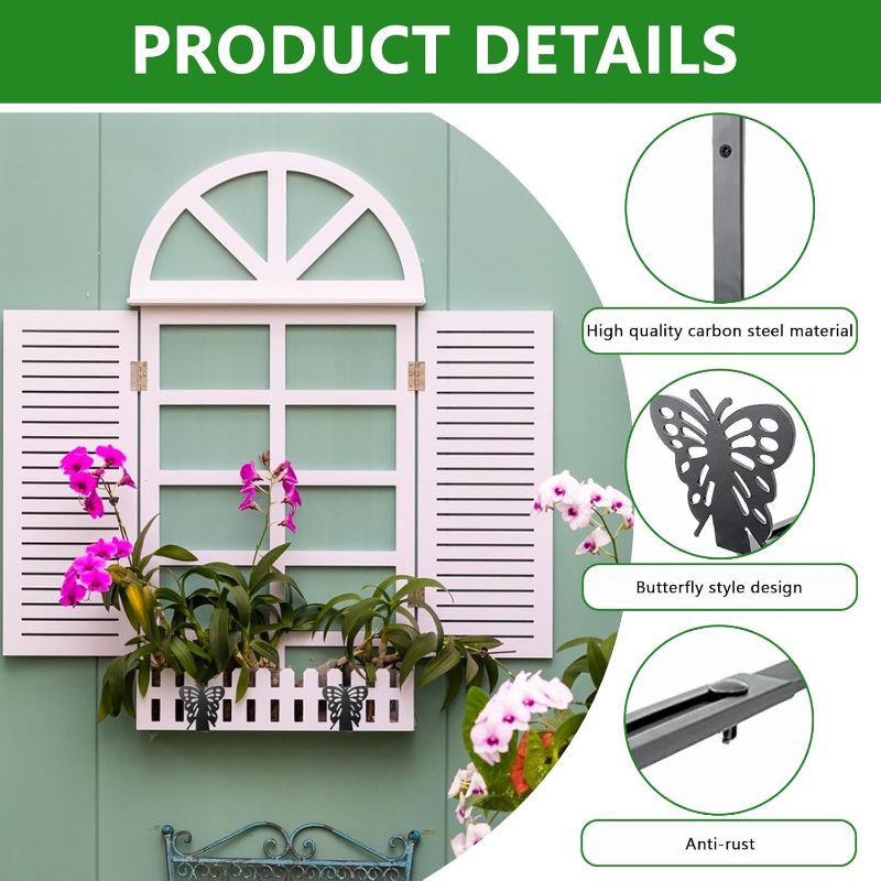 Photo 2 of 4Pcs Planter Box Brackets, Adjustable Hanging Planter Brackets 6-13 in, Heavy Duty Iron Window Planter Box Brackets with Butterfly, Flower Box Brackets for Deck Railings Fence (4Pcs)