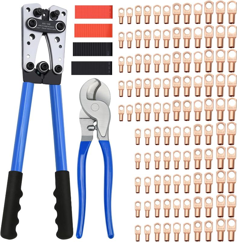 Photo 1 of Cable Lug Crimping Tool with 170pcs Copper Wire Lugs and 210pcs Heat Shrinkable Tube, Wire Crimping Tool for AWG 10-1/0 Electrical Lug Crimper, with Cable Cutter